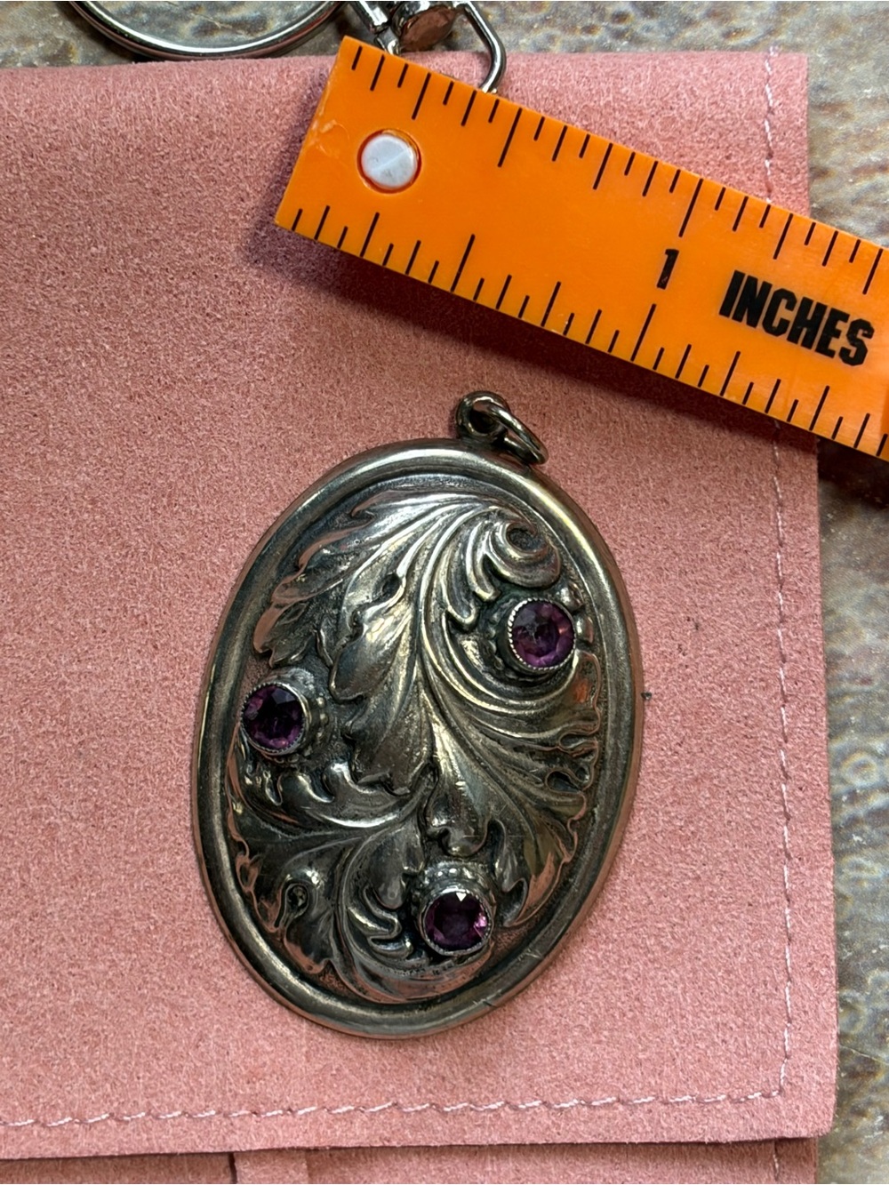 Art Nouveau Antique Leaf Foliage With Purple Paste Stones Large Oval Pendant - Picture 11 of 13